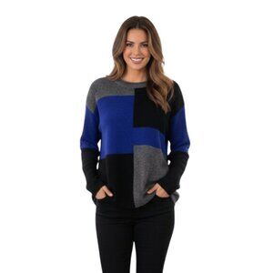Karen Scott Colorblock Sweater Size Small Blue Black Grey Soft Acrylic Pullover